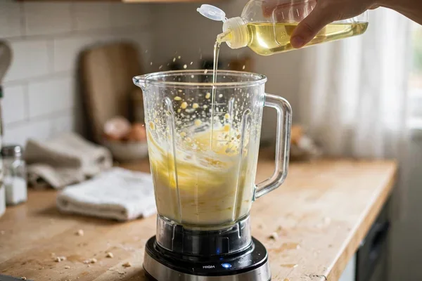 Step 6: Pour oil into the running blender — Professional Mayonnaise
