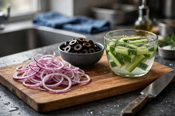 Step 2: Prepare the salad and the vinegar cucumbers — Bahraini Chicken Shawarma