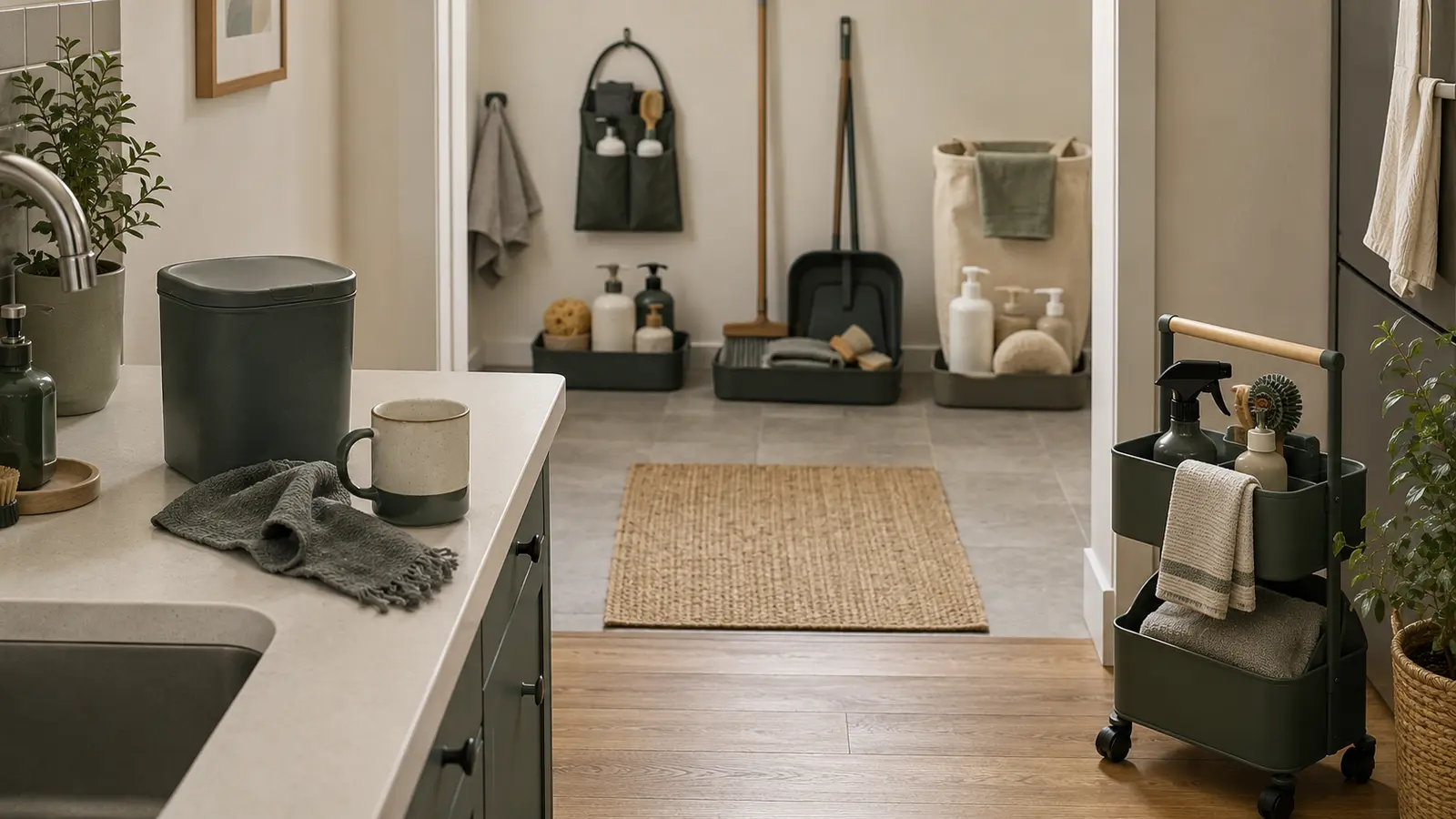 A kitchen and adjoining utility area arranged for daily cleaning tasks and a weekly rotation
