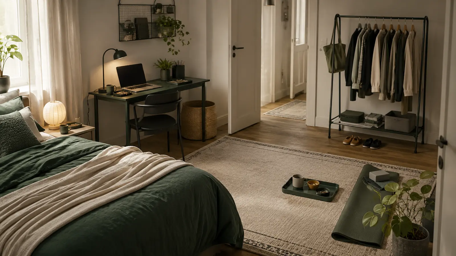 A small multipurpose room divided into sleeping, working, dressing, and open activity zones