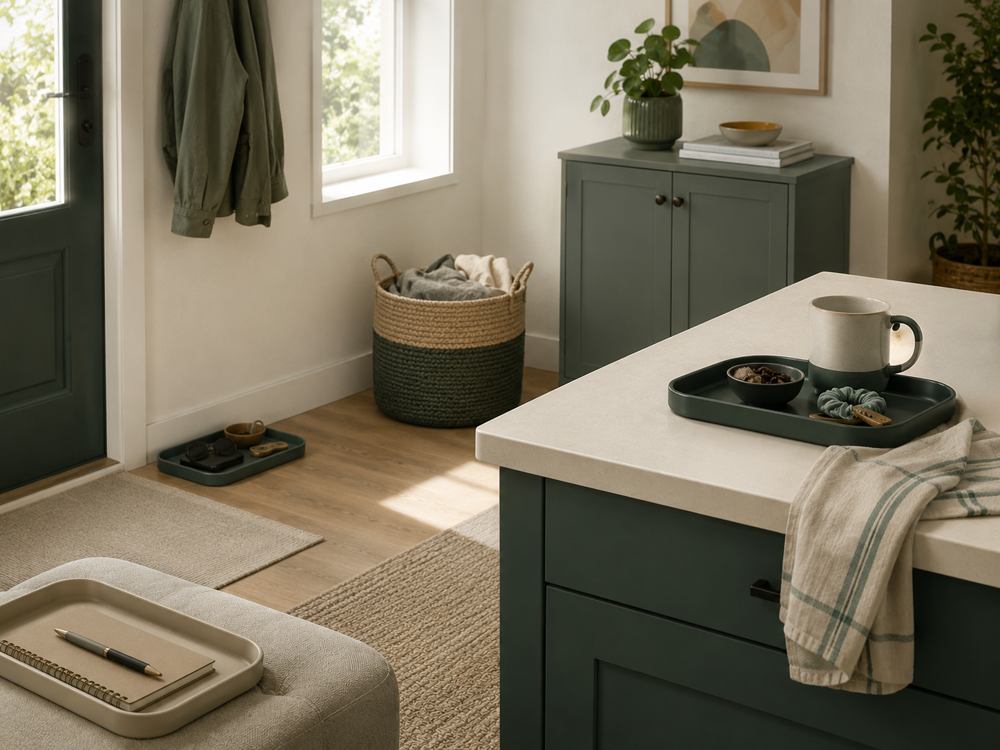 A calm home entry and kitchen area with a landing tray, contained laundry, closed storage, and a clear work surface