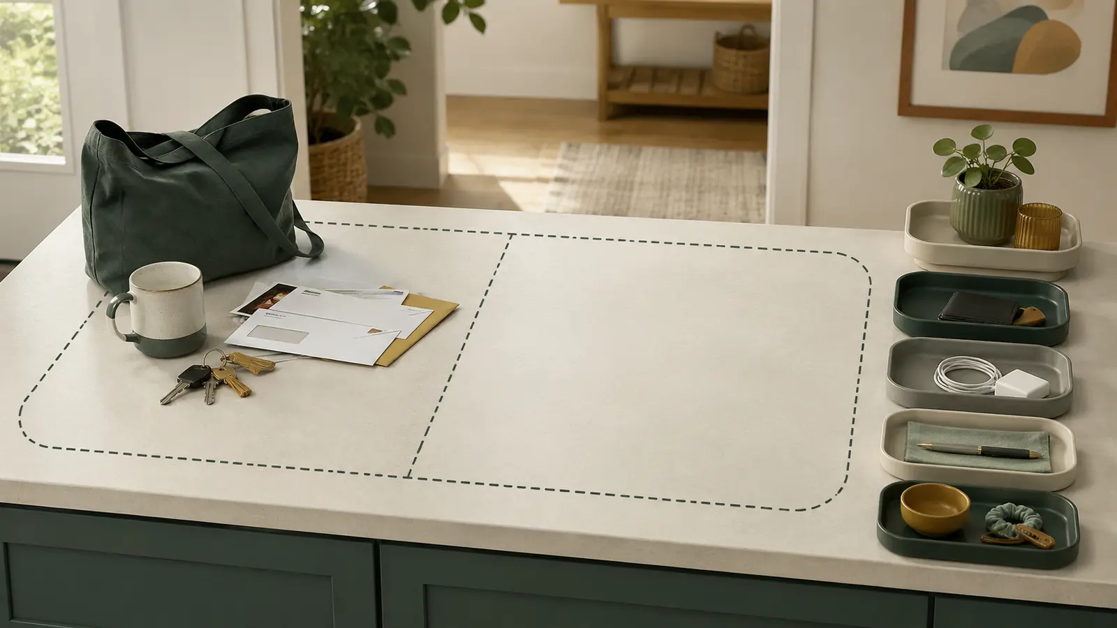 A counter divided into a cluttered area, a clear working area, and sorting trays
